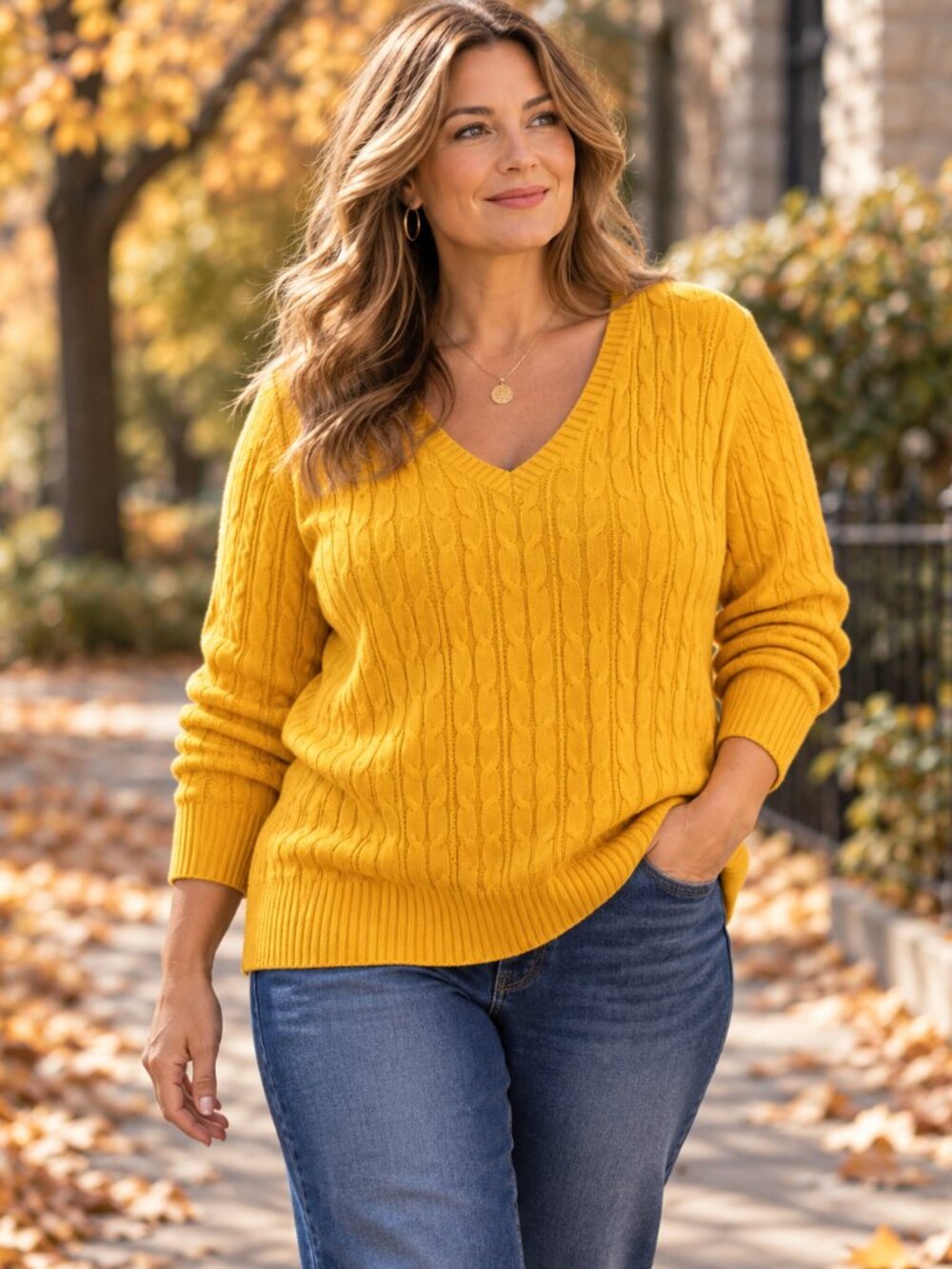 St. Johns Bay Sweater Women's Plus 2X Cable Knit Pullover Mustard Yellow V-Neck